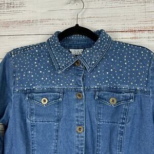 Womens Joan Rivers Blue Denim Jean Jacket Embellished Stud Mix Metals Stretch M